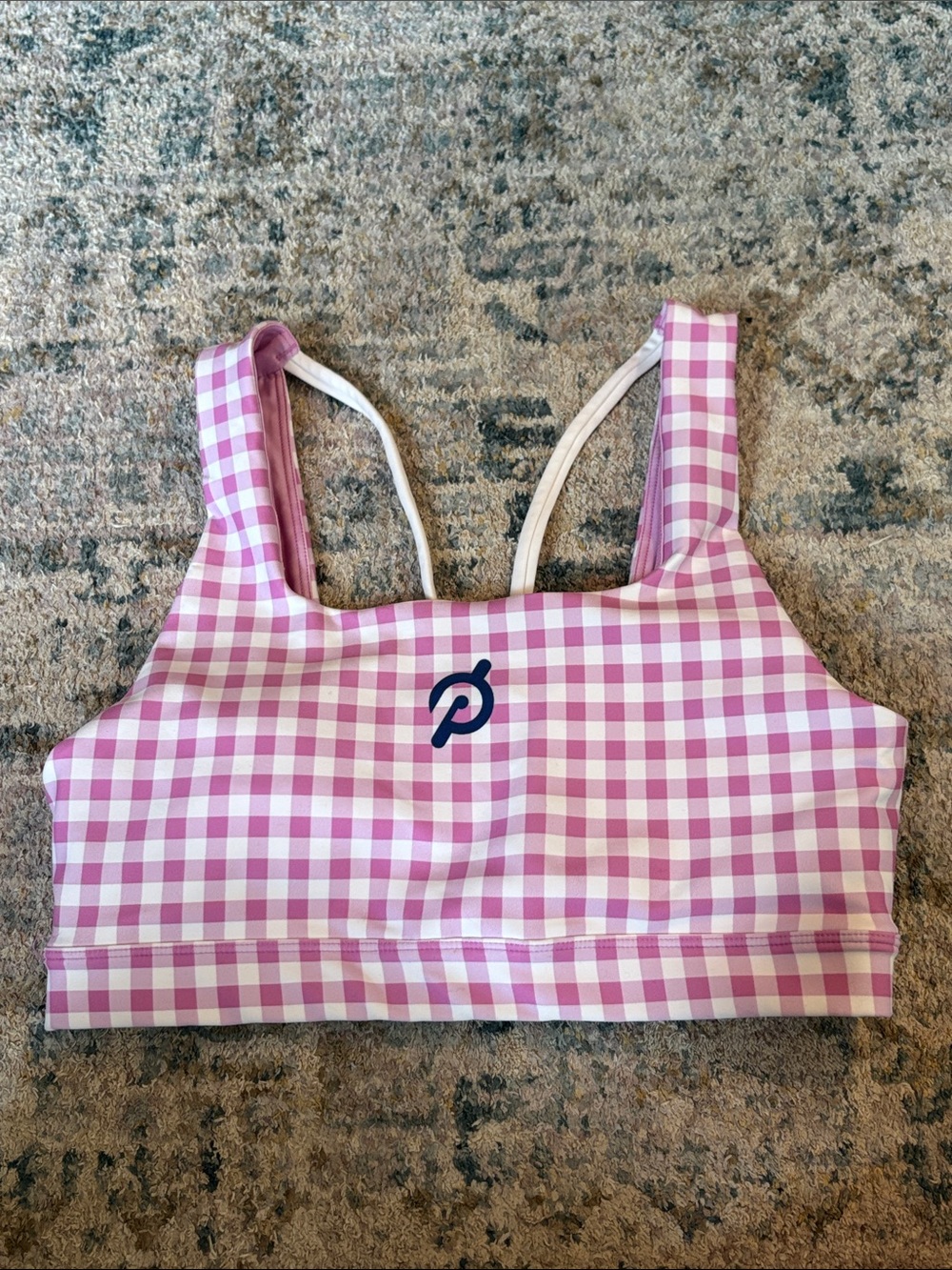 Peloton Pink Gingham Sports Bra with Contrast Logo